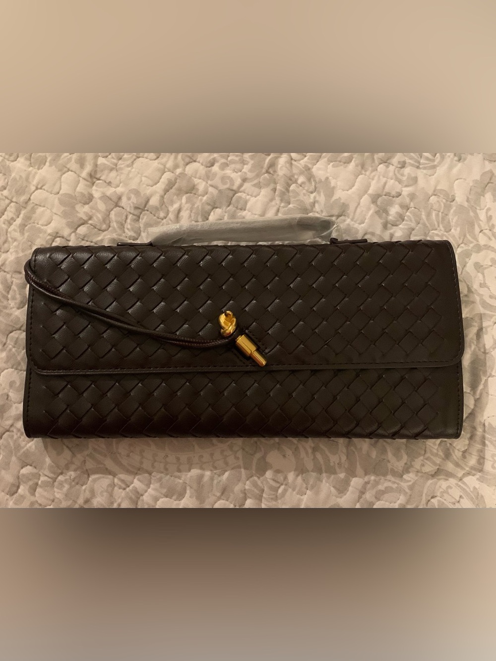 Black Woven Leather Flap Clutch with Gold Accent